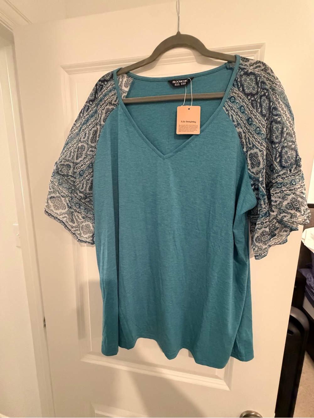 BloomChic Teal V-Neck Top with Printed Flutter Sleeves